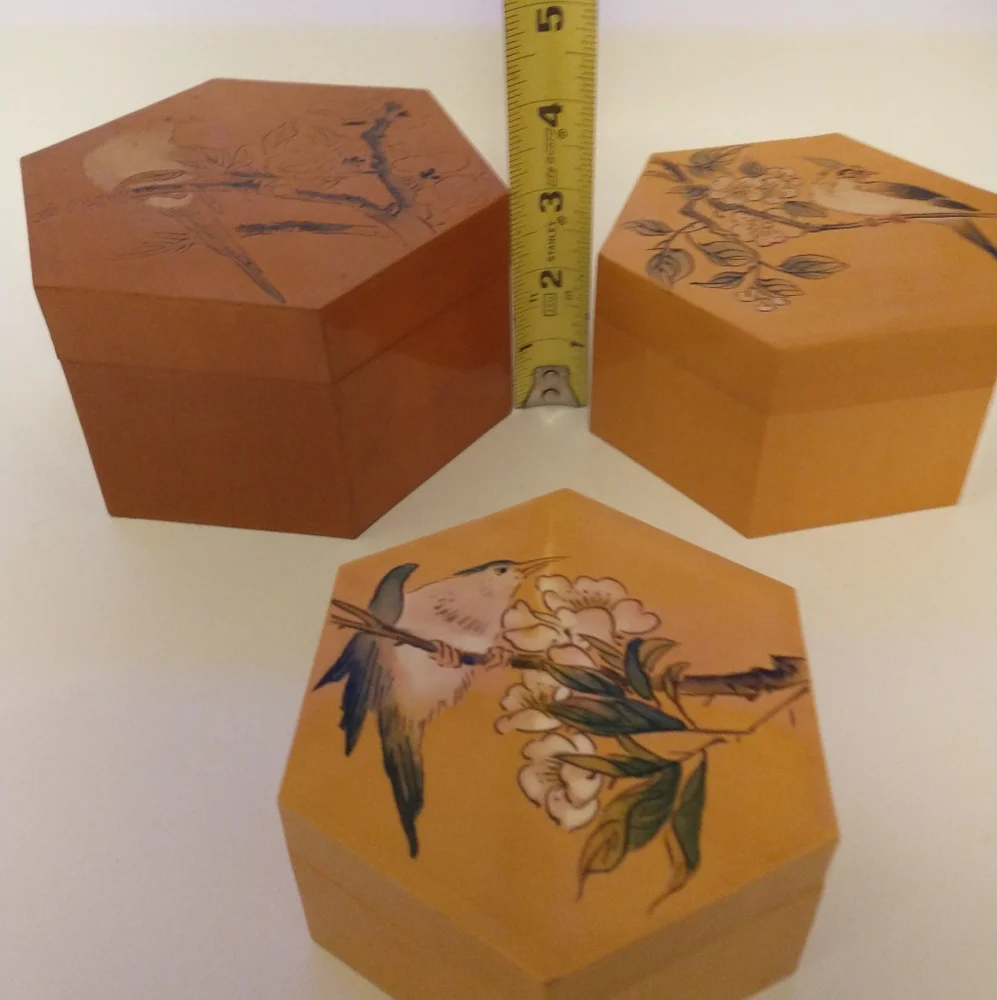 Vintage Chinese bamboo nesting hexagon boxes birds mid-century Asian Set Of 3